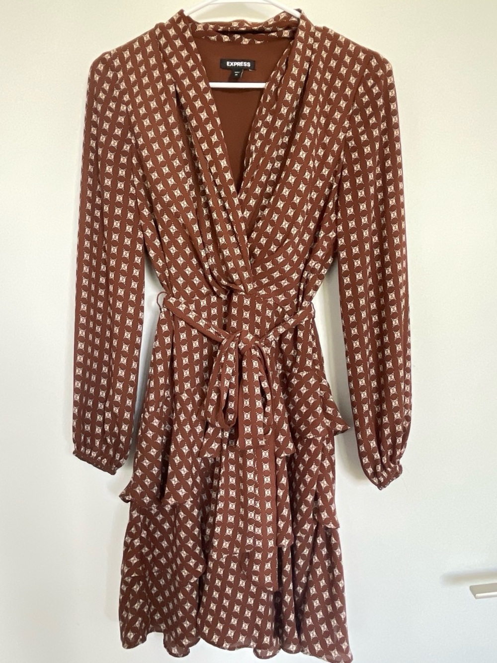 Express Rust Brown Printed Long-Sleeve Wrap Dress